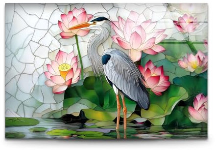 My Photostation.com Lotus Serenity – Reiher und rosa Seerosen, Glas-Wandkunst, gehärtetes Glas, Wanddekoration, große Wandkunst, Wandbehänge
