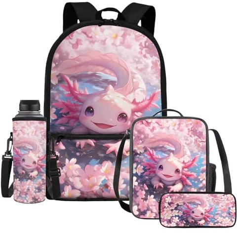 UOIMAG Ensemble de 4 sacs d'école pour enfants avec sac à dos, boîte à déjeuner avec porte-bouteille d'eau et trousse à crayons, Axolotl Fleurs de cerisier, Taille unique, Ensemble cartable