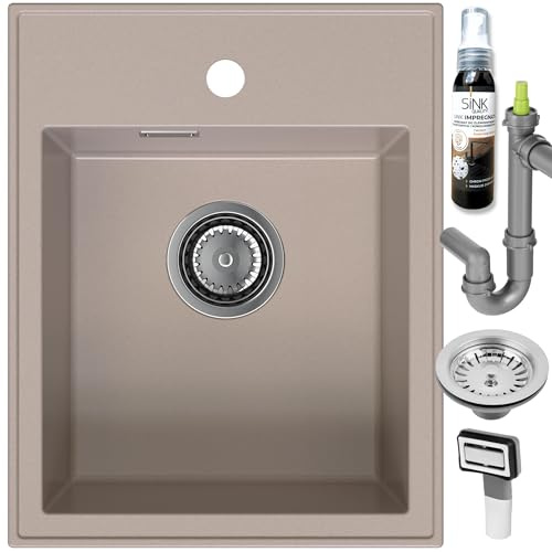 SINK QUALITY Spülbecken Beige 40x50 cm - Granitspüle Beige mit Siphon und Imprägnierung - Spüle ohne Abtropffläche - Kleines Spülbecken für Küche für Unterschränke ab 40 cm Breite