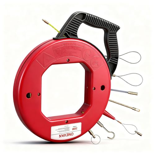 ONEVAN Kabeleinziehhilfe 30m 4mm Einziehspirale mit Drallausgleich für Leerrohre, Profi Zugdraht Set mit 6 Adaptern, Kabelziehhilfe für Elektroinstallation, Glasfaser und Kabelverlegen