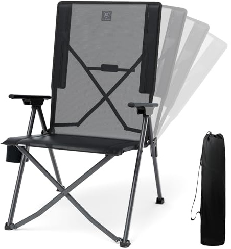 EVER ADVANCED Teslin Reclining Camping Chairs for Adult Lightweight, Portable Compact Folding Chair with Adjustable Back, 4-Level Recliner Chairs, Lawn Chair for Patio Balcony, Supports 300lbs, Black