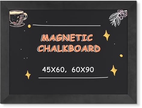 DOLLAR BOSS Tableau noir magnétique avec cadre en bois de pin massif - 90 x 60 cm - Tableau noir magnétique pour mur, cuisine, tableau magnétique en bois - Tableau d'affichage pour bar, café, menu et
