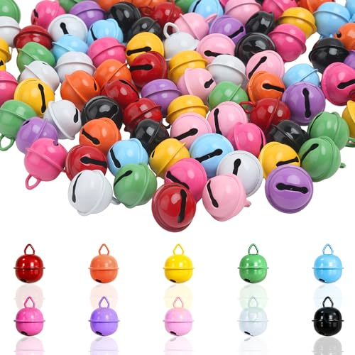 HavaCue 100 Piezas Cascabeles de Colores, 18mm Cascabeles Pequeños de Metal, Cascabel Navidad con Ojales para Manualidades, Decoraciones Festivas, Collares para Gatos y Perros, Varitas de Boda