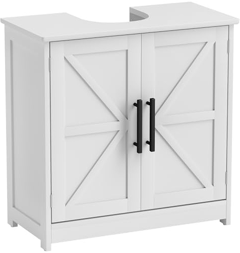 HOMCOM Meuble sous lavabo, Meuble de Salle de Bain avec 2 Portes magnétiques granges et étagères réglables, Armoire de Salle de Bains sous lavabo, Style Ferme, 60 x 30 x 60 cm, Blanc