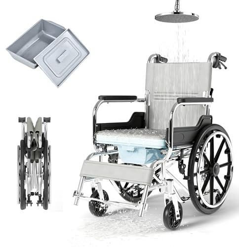Rollstuhl Faltbar Leicht,3-in-1 Toilettenstuhl für Senioren mit Rollen,Antispitzenrädern und Ledersitz,Doppelbremsen Transportrollstuhl klappbar（14.9KG) mit Selbstantrieb