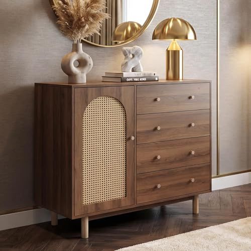 Mendler Kommode HWC-P52 Poly-Rattan MDF Melamin 95x100x40cm - braun | Schrank, Sideboard, Highboard, Schubladen, Staufächer