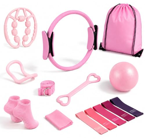 Pilates Set 14 Teilig für Zuhause–mit Pilates Ring, Pilates Ball, Faszienrolle, 5 Fitnessbänder für Kraft, Flexibilität & Körperstraffung, Yoga Set Damen Pilates Kit für Anfänger & Fortgeschrittene