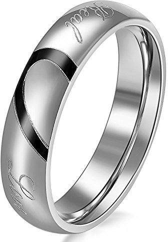 JewelryWe Acero Inoxidable Amor Corazón Anillos de Pareja Anillos de Amistad Alianzas de Boda Anillos de Boda Anillos de Compromiso Banda, Negro Oro Plata, con Bolsa de Regalo (Negro, #7.5)