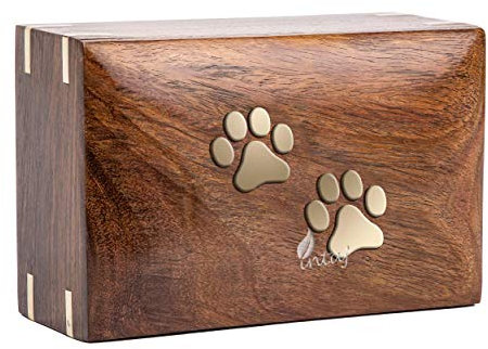INTAJ Urne funéraire en palissandre fabriquée à la main – Urne funéraire incrustée de pattes pour chats – Boîte décorative en bois (deux pattes, taille M – 19,5 x 14,5 x 9,5 cm)