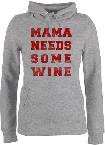 Pullover Damen Hoodie Frauen - Mama needs some wine vintage - L - Grau meliert - muttertagsgeschenk mutterzagsgeschenke mum wein fun-kapuzenpullover cooles muttertasgsgeschenke mütter mommy pullis