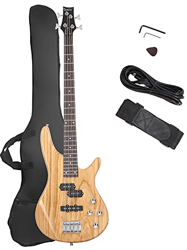 GLARRY Electric Bass Guitar Full Size 4 String Exquisite Stylish Bass with Power Line, Bag and Wrench Tool (Natural Wood)