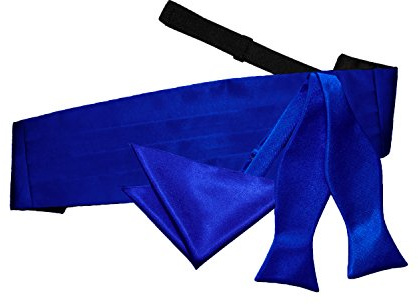 DQT Men Plain Satin Wedding Bow Tie Pocket Square & Cummerbund - Self Tied, Royal Blue