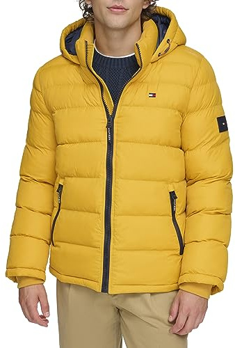 Tommy Hilfiger Men's Hooded Puffer Jacket (Standard and Big & Tall) Down Alternative Coat, Yellow, L