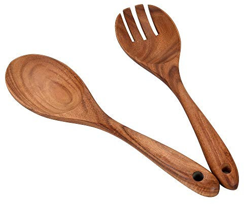 Wooden Acacia Salad Servers 10-inch, Set of 2, Salad Spoon and Fork Set, Hand Carved Wooden Utensils for Serving Salad
