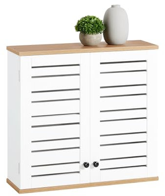SoBuy Hängeschrank für Badezimmer – Kompakter Badezimmerschrank – Wandschrank mit Lamellentüren und verstellbaren Ablagen aus Holz, für Küche und Flur – Medizinschrank, Weiß, 60x56x19cm, BZR42-W