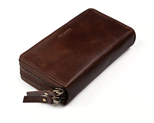 KRONIFY Leder Geldbörse Damen I Echtleder XXL Geldbeutel I Doppelter Reißverschluss I Groß I RFID Schutz I Portmonee mit Münzfach I 29 Kartenfächer I Frauen Portemonnaie I Vintage Cognac