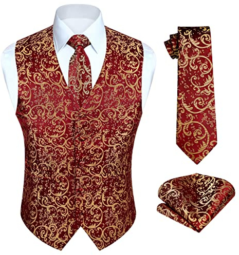 HISDERN Herren Weste Paisley Floral Jacquard Krawatte Einstecktuch Taschentuch Weste Anzug Set
