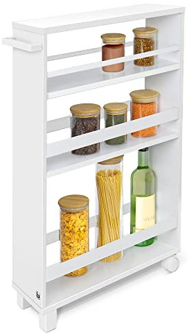 bomoe Nischenregal 15cm breit – Küchenwagen Küchenregal Schmal – Rollwagen Schmal 3 Fächer & Arbeitsplatte – Nischenschrank Küche Bad Büro – Bathroom Cart Nischenwagen Weiß 79x50 cm – Hylla