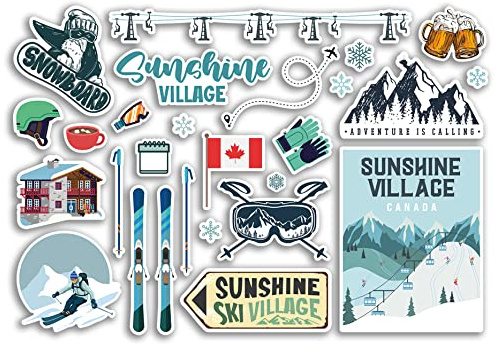 A5 Aufkleberbogen Sonnenschein Dorf Vinyl Aufkleber – Kanada Kanadisch Skigebiet Berge Snowboard Urlaub Flagge Reise Alpen Winter Schnee Sport Gepäck Scrapbooking #79040