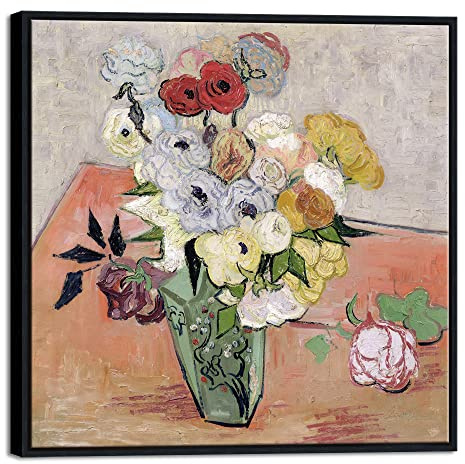 Wieco Art Framed Wall Art Japanese Vase with Roses and Anemones by Vincent Van Gogh Oil Paintings Reproduction Artwork Flowers on Canvas Wall Art for Home and office Decorations