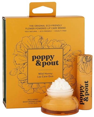 Poppy & Pout Lip Care Set | Lip Balm & Scrub | Sustainable Cardboard Tubes & Glass Jars, All Natural, Beeswax, Coconut Oil, Cruelty Free, Exfoliating & Moisturizing Lip Treatment (Wild Honey)