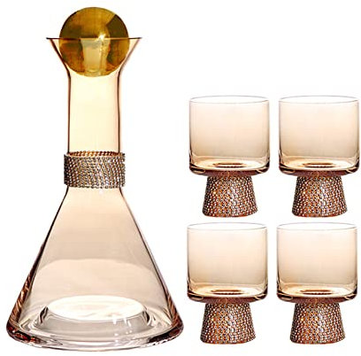 KAYKAI Carafe à eau et verre de chevet - 1150 ml - Grande carafe d'eau froide et chaude - Pichet rétro en verre avec couvercle et 4 tasses - Bouteille d'eau froide pour thé glacé et jus - Doré