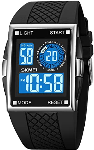 CakCity Reloj deportivo digital para hombre y mujer, pantalla de cristal, esfera grande, aleación de concha cuadrada, impermeable, casual, cronómetro, alarma, reloj simple, Blanco