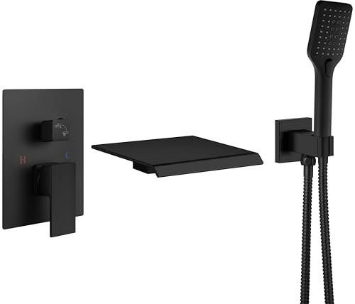 Aolemi Wandmontage, Badewannenarmatur, Wandmontage, Wasserfall-Wannenfüller mit Handsprüher Einhandsprüher, massives Messing, grobes Ventil, mit abgeschrägtem Winkel-Auslauf, Mattschwarz