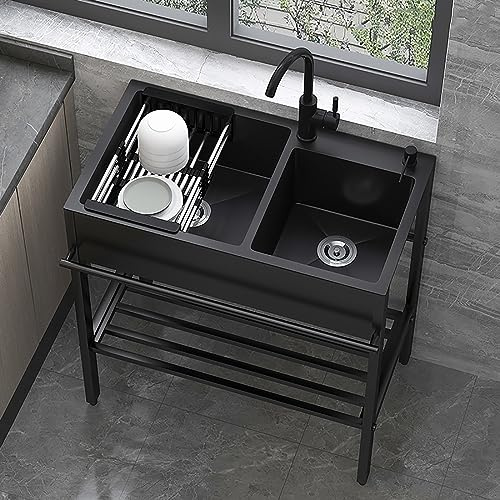 Schwarz Freistehende Edelstahl Spültisch 2 Becken,Outdoor Spüle Mit Unterschrank,Gewerbliche Spülbecken Mit Wasserhahn,Waschbecken Küche,Spülenschrank Mit Spüle Und Armatur,Für Außen,Innen,Restaurant