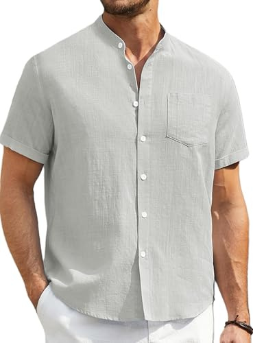 ENLISION Linneskjortor för män kortärmad vardaglig bomull morfar krage skjorta för män Button down sommar Becah Henley tröja toppar, A-grå, 3XL