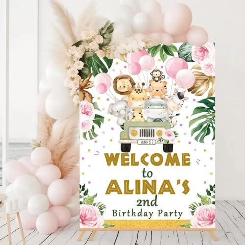 Panneau De Bienvenue D'Anniversaire Avec Animaux De Safari Dans La Jungle, Affiche Personnalisée, Peinture Sur Toile Nordique, Décor Mural Personnalisé Pour Fête 30X40Cm Sans Cadre