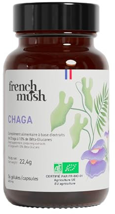 French Mush Funghi Chaga Bio Cápsulas 8000 mg - Superalimento Antioxidante - 56 Cápsulas Veganas - Complejo de Hongos Chaga Rico en Vitaminas B, D y K - Hongo Adaptógeno - Testado en Laboratorio