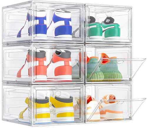 TidyTrove Shoe Storage Box, 6 Pcs Shoe Box Clear Plastic Stackable, Sturdy Foldable Shoe Organizer Containers with Magnetic Door for Women/Men, White