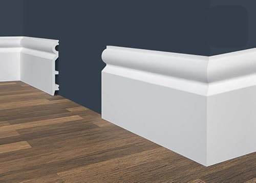 Battiscopa in polistrutturato verniciabile, 12 cm x 1,5 cm x 200 cm, Bianco