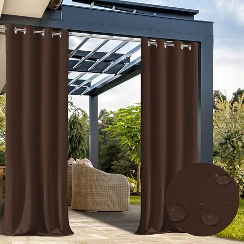 Hiseng Cortina de Exterior Impermeable, Cortina Porche con Trabillas, 1 Pieza Color Sólido Cortinas Opacas Interior Exterior para Pergolas de Jardin, Terraza, Balcones (Marron Oscuro,132x213cm)