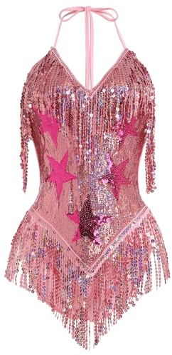EFOGEP Damen Musik Festival Bodysuit Sexy Halter V Ausschnitt Stern Pailletten Fransen Karneval Rave Outfit Tanz Trikot Party Nachtclub Halloween Kostüm