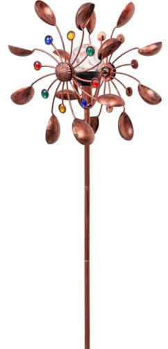 Kinetic Art Windspiel Metall Windrad kugelgelagert - Copper Bucket Duett Solar Farbwechsel LED Glaskugel Ø36 Höhenflexibel Windmühle inkl. Bodenanker wetterfest standfest ideal für Terrasse und Garten