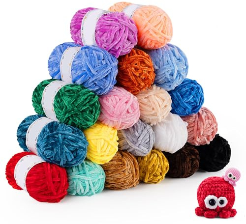 Chenille Yarn 20x30g, Soft Velvet Yarn for Knitting, Chunky Crochet Yarn with Crochet Accessories for Clothes, Blankets, Bags
