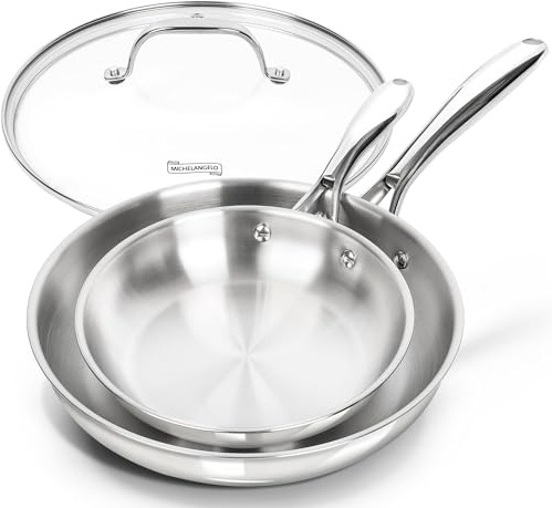MICHELANGELO Stainless Steel Frying Pan Set, 20cm, 26cm+lid, Triply Base | Uncoating, Glass Lid, Induction Compatible, Long Lasting Kitchen Use, Ideal For Frying Searing And Everyday Family Meals