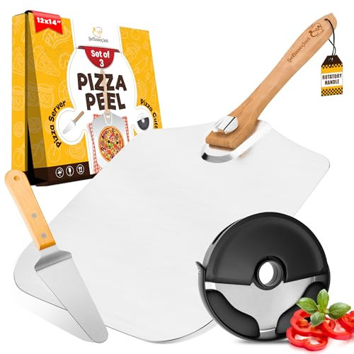 SEFINSECIMI Cáscara de pizza de madera de roble, plegable, 30,5 x 35,5 cm, cortador giratorio de pizza, mango de madera, cáscara de queso