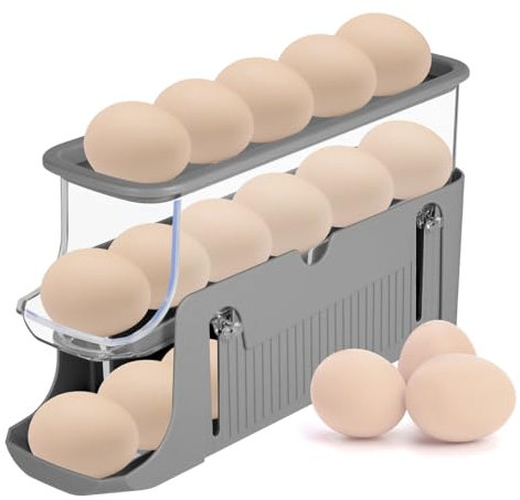 KITDAHOM Dispensador de huevos de 3 niveles - Almacenamiento huevos nevera 28×15×8,5cm - Plástico - Rodamiento automático, ahorra espacio, con tapa - Para cocina y nevera (Gris)