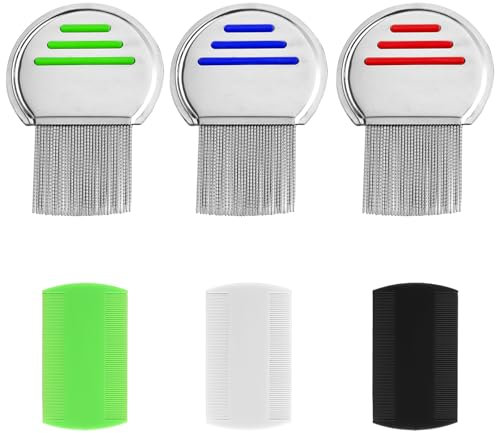 6-Piece Fine Tooth Nit Comb Set - 3 Head Lice Combs & 3 Pet Hair Combs, Double-Sided Teeth for Long Thick Hair, Stainless Steel (Steel)