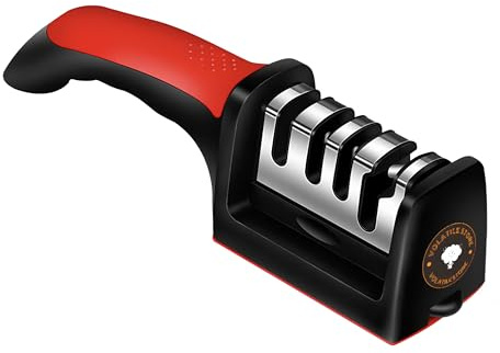 4 in 1 Knife and Scissor Sharpener with Stainless Steel Body - Professional Manual Sharpener with 4 Levels of Sharpening (Ceramic, Tungsten, Diamond, Fine) - Ergonomic Non-Slip Base - Knife Not