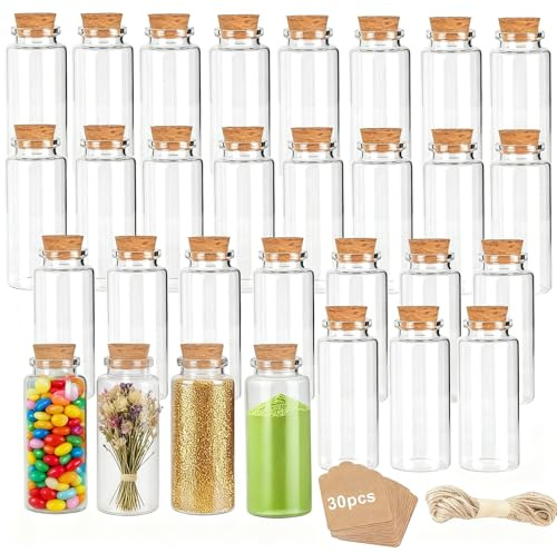 1ZIZIFA8 Mini Glass Jars, 30 Pcs 30 ml Small Sample Jars with Cork Lids, Tags & Twine,Glass Vials for DIY Carft, Wedding Favors, DIY Message