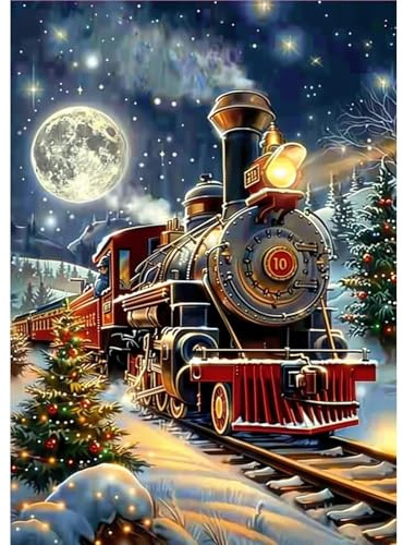 MOGTAA Christmas Diamond Art Kits for Adults, 5D Full Drill Christmas Train Diamond Painting Kits for Adults Beginner, DIY Round Diamond Dots for Adults, Gem Art for Home Wall Decor 12 X 16 Inch