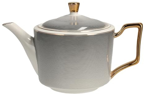 home&you - Teekanne Astar, 900ml, Porzellan, mit Deckel, Goldene Details, Kanne für Tee, Kaffee, Geschirr, Modernes Design, New Bone China, 14x13x23cm - Schwarz