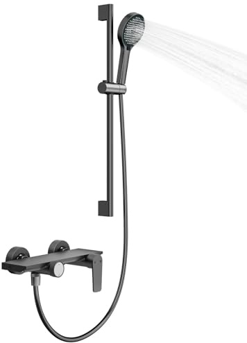 Bar Shower Mixer - 2-Function Shower Tap with Height-Adjustable Shower Rail, 4-Spray Handheld Showerhead, Grey