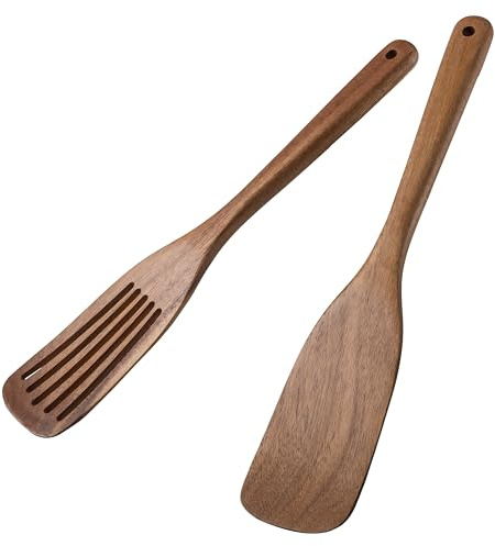 LEHAHA Wooden Spatulas & Spurtle Sets of 2, 13.25 Durable Flat Turner and Slotted Spatula for Nonstick Cookware, Long Handle Natural Acacia Wooden Cooking Utensils, Kitchen Utensils Set for Cooking