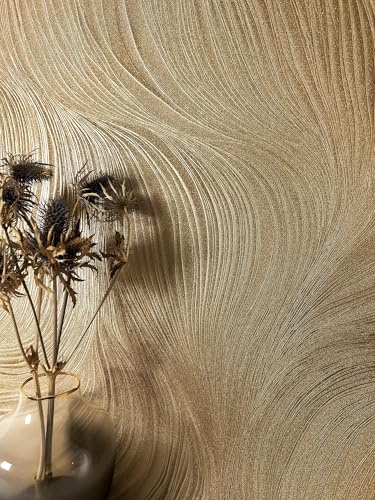 Newroom Vliestapete Gold Linien Wellen Metallic Glamour Tapete Wohnzimmer | schimmernder Goldglanz mit Glanzpartikeln, Relief, sandartige Struktur, Wandtapete, Mustertapete, für Esszimmer und Flur