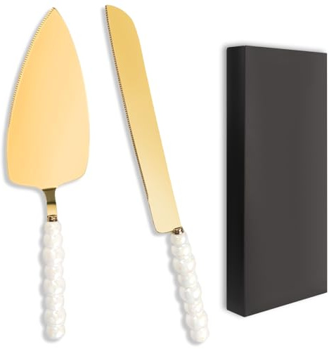 LLMSIX 2 Stück Perle Tortenheber,Gold Edelstahl Tortenmesser Messer und Spatel,mit Perle Keramikgriff,Einfache Reinigung Kuchenbesteck für Gesellige Nachmittagstee,Hochzeiten Geburtstage Partys